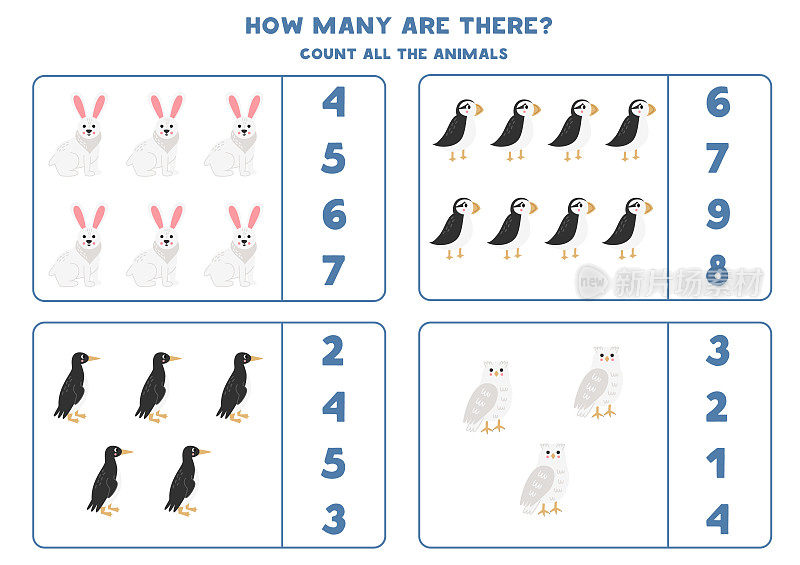 数出所有北极动物，圈出正确答案。