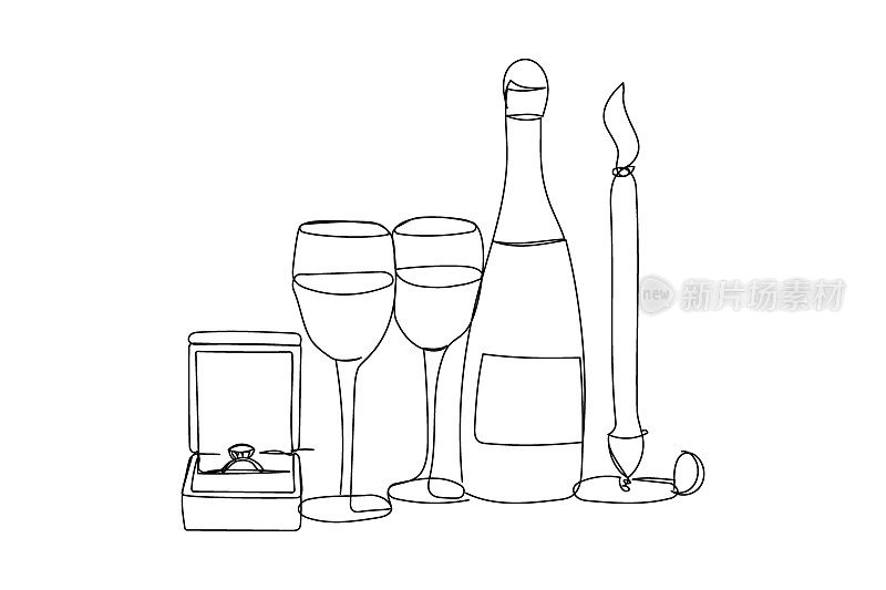 烛台与蜡烛，香槟和玻璃杯与订婚环连续线条绘制。一行艺术的浪漫，2月14日，心，关系，礼物，爱情，美酒，灿烂。