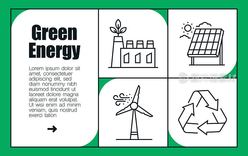 绿色能源线图标集和横幅设计。电动汽车，回收利用，太阳能，风能，零排放