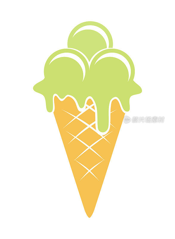 薄荷、开心果或水果冰淇淋。绿色冰淇淋锥剪出矢量图标
