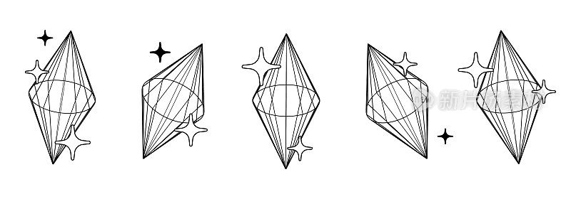 新潮的Y2K复古未来主义元素，钻石，3d线框模型，立体图形设计形状