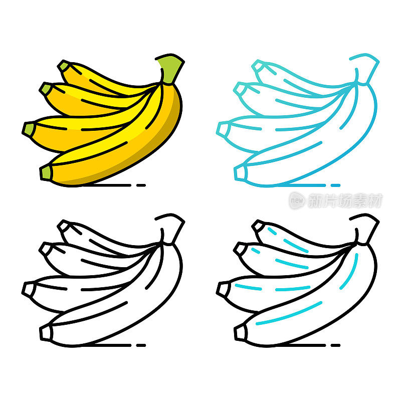香蕉图标设计在四个变化的颜色