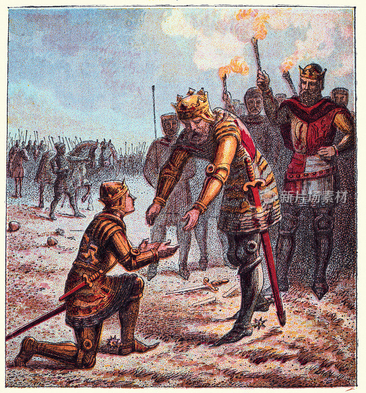克雷西战役后，黑王子爱德华跪在父亲爱德华三世面前，中世纪军事史，百年战争