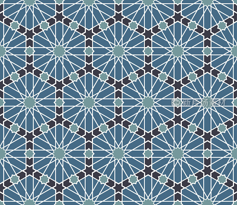 蓝色阿拉伯图案。观赏几何织物样品特写。