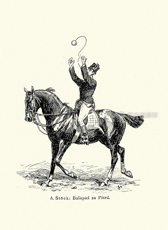 19世纪，德国，维多利亚时代，骑马时的球类游戏插图