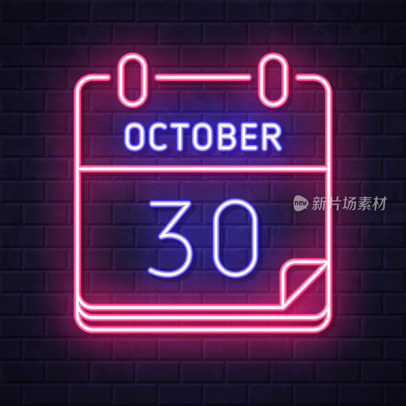 10月30日。在砖墙背景上发光的霓虹灯图标