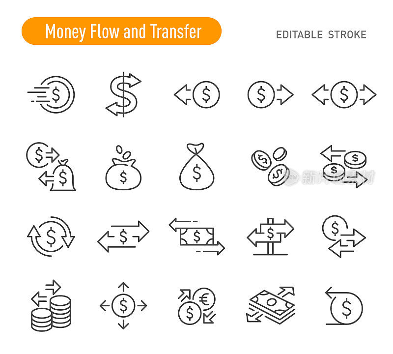 资金流动和转移图标-线系列