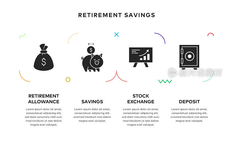 退休储蓄概念信息图表设计与固体图标