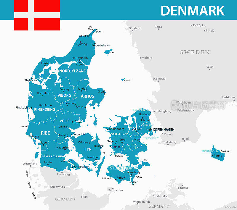 丹麦地图-矢量插图