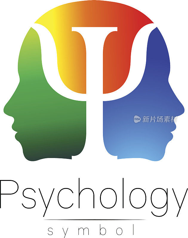 现代心理学的头标志。人类。信Psi。创造性的风格。符号向量。黄色，绿色，蓝色孤立在白色背景上。网络图标。梯度