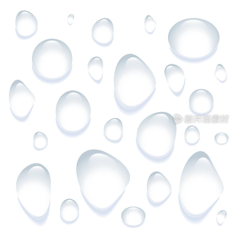 清澈透明的水滴孤立在白色的背景上。