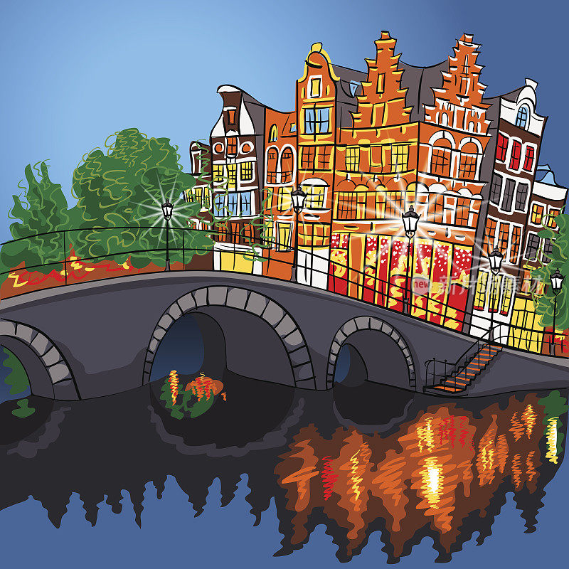 矢量夜景阿姆斯特丹运河和大桥