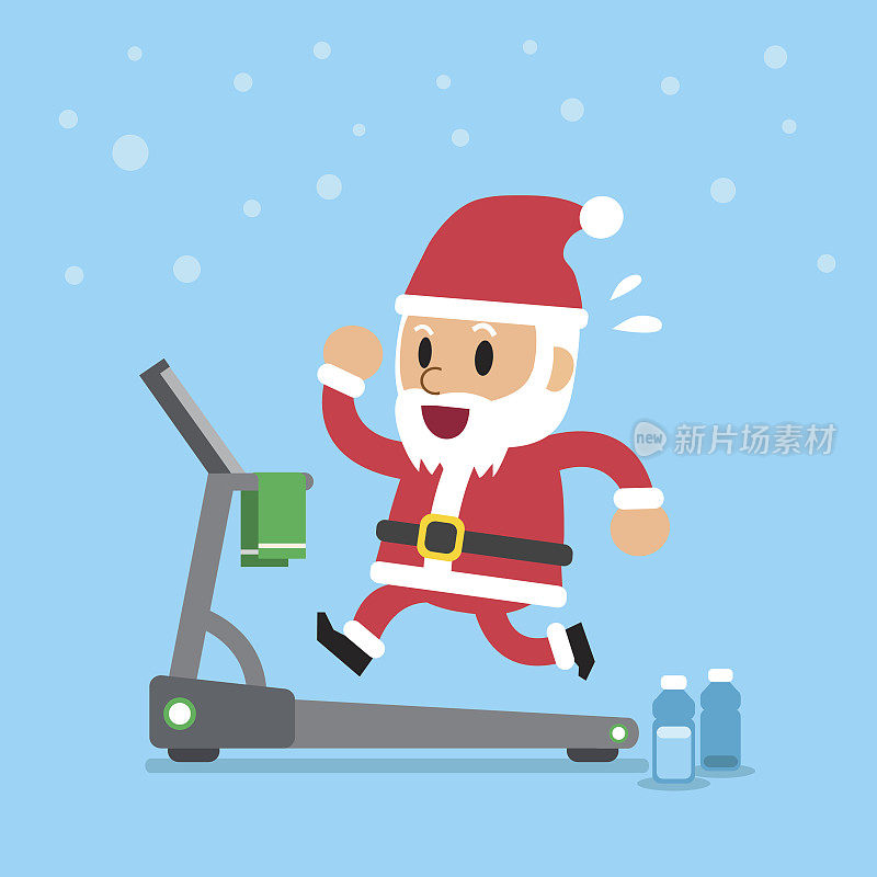 卡通圣诞老人在跑步机上跑步