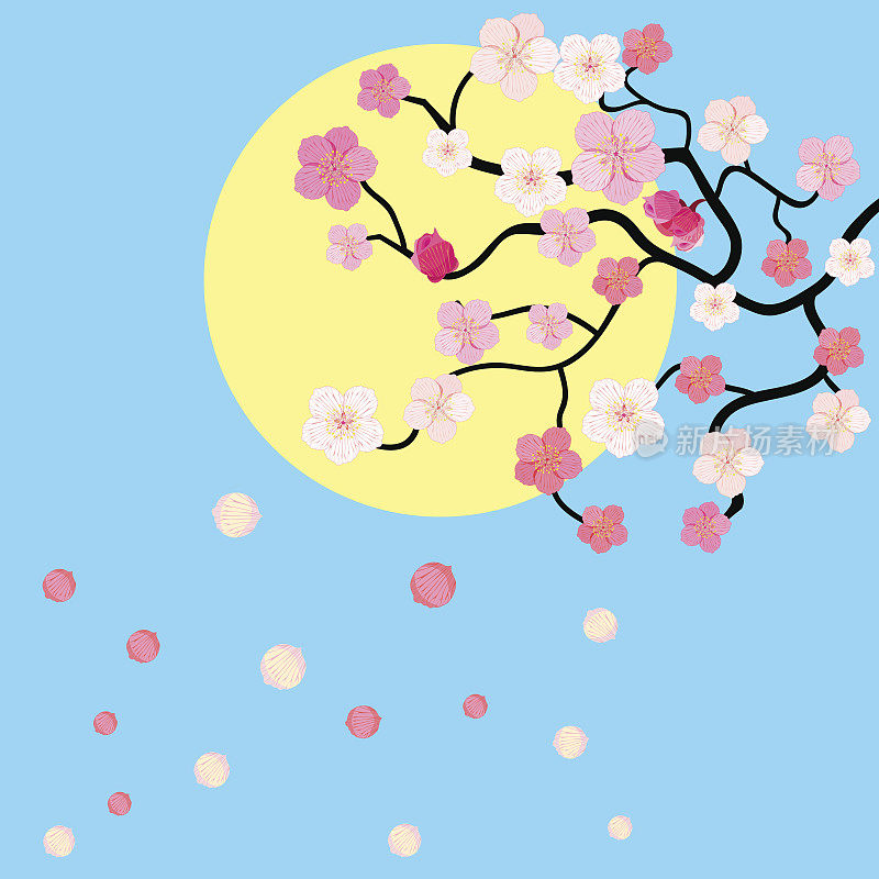 卡片上画着日本樱花。矢量插图