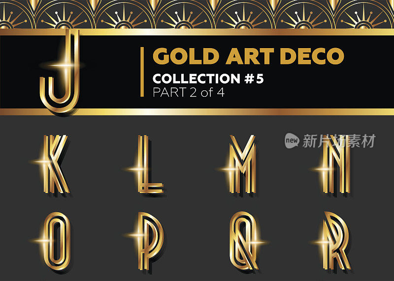 矢量艺术装饰3D字体。闪亮的金色复古字母表。盖茨比的风格。