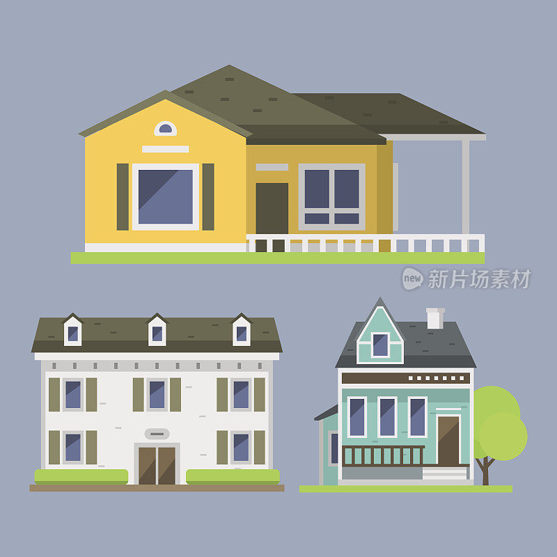 可爱的彩色公寓风格的住宅村落标志房地产别墅和住宅设计多彩的住宅建筑施工矢量插图
