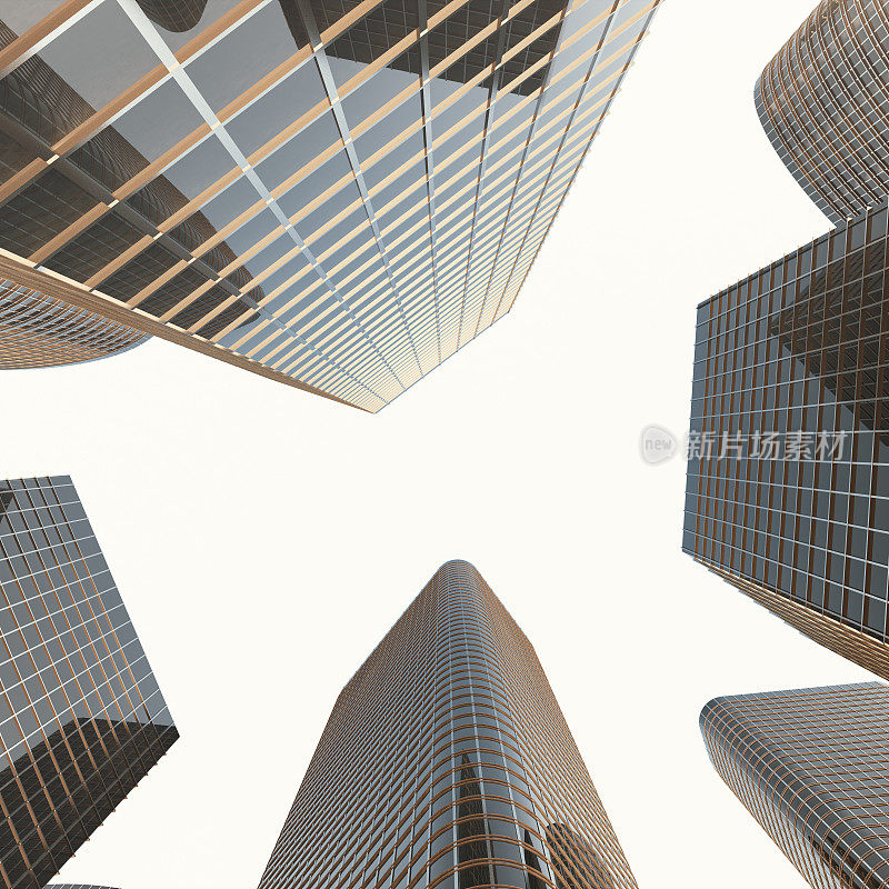 在傍晚日落时，在商业区的现代摩天大楼的底部视图。工业建筑、商业建筑和房地产金融概念。三维渲染