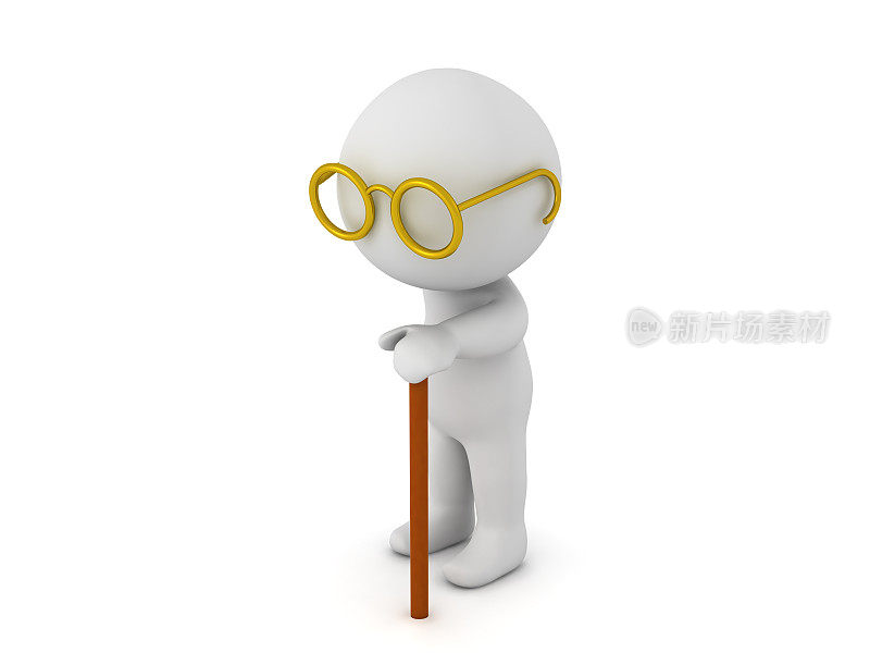 3D插图描绘了一个老人走一根手杖