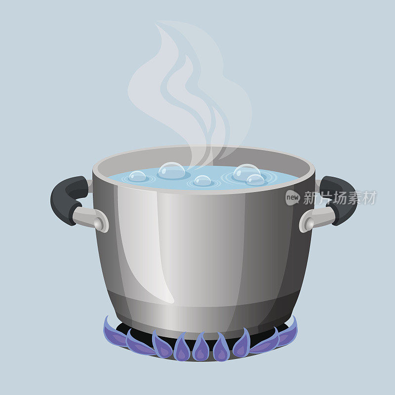 沸水在铝锅上的气体火焰逼真的矢量插图