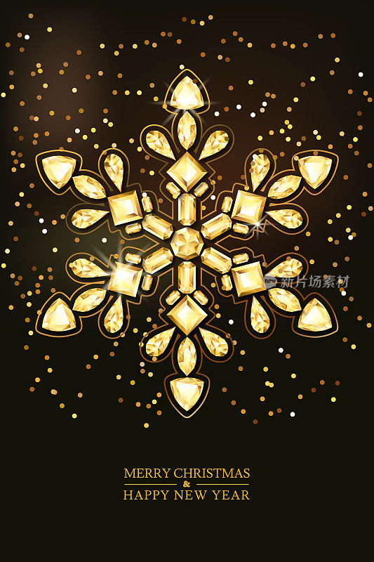 圣诞快乐，恭贺新禧。向量金色3d风格雪花由金色宝石在黑色的背景。