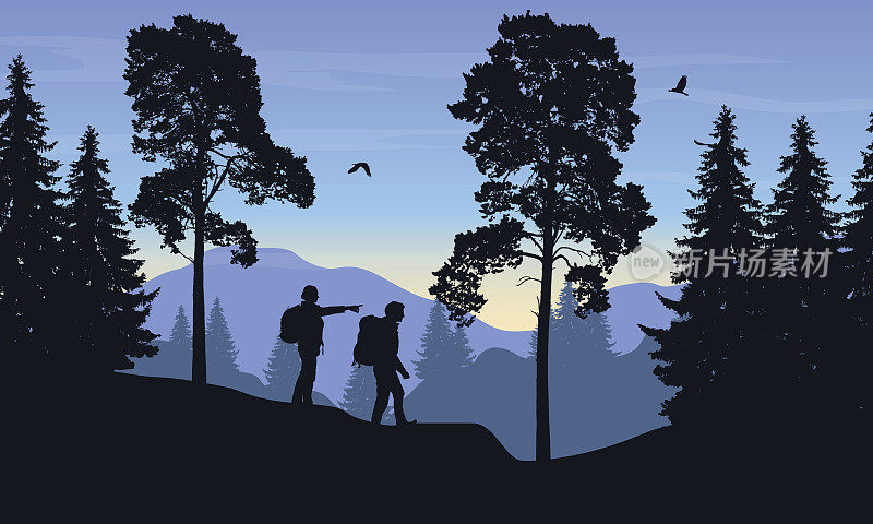 矢量插图的一个山景观与森林和两个游客，男人和女人的背包显示他的手和看在蓝天下的远方