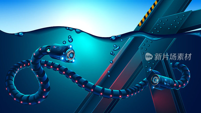 自主水下机器人蛇探测水下金属结构。生物形态机制以自主模式或远程操作方式探索海洋。机器人视频。未来科技的概念。
