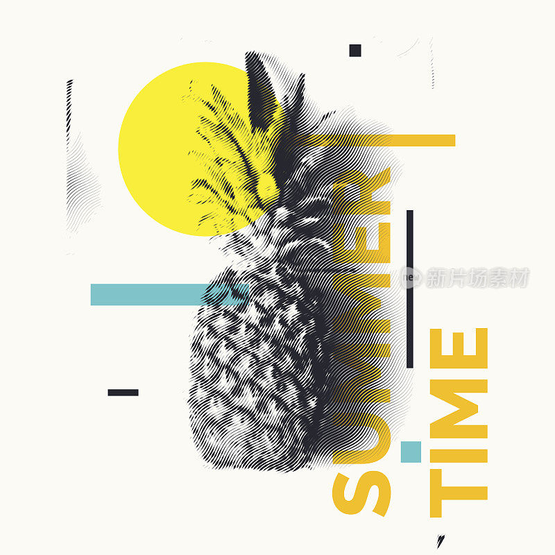 时尚的现代海报与菠萝，夏天的时间。白色背景上的热带水果