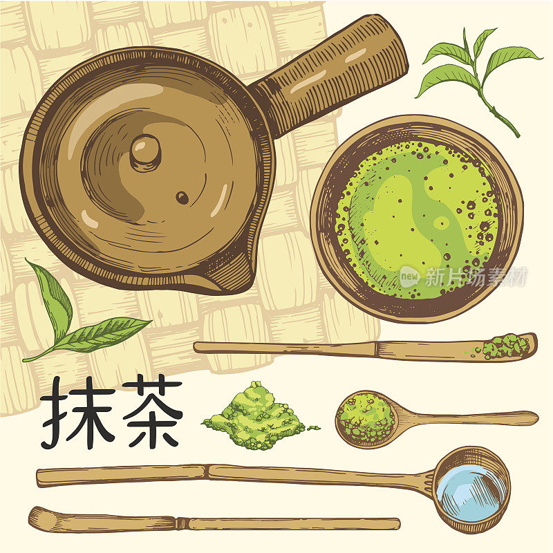日本民族和民族茶道。抹茶。传统的喝茶时间。设计中的装饰元素。矢量插图与政党符号在白色的背景