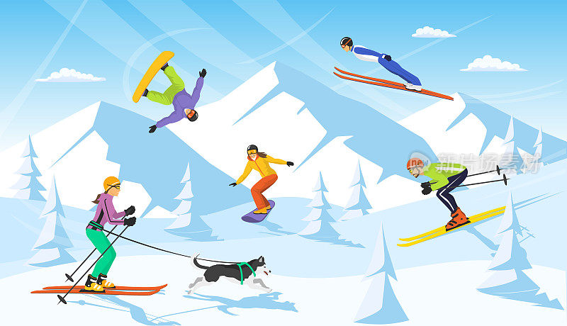 冬季度假滑雪胜地景色。男子和女子越野滑雪，跳高，单板滑雪
