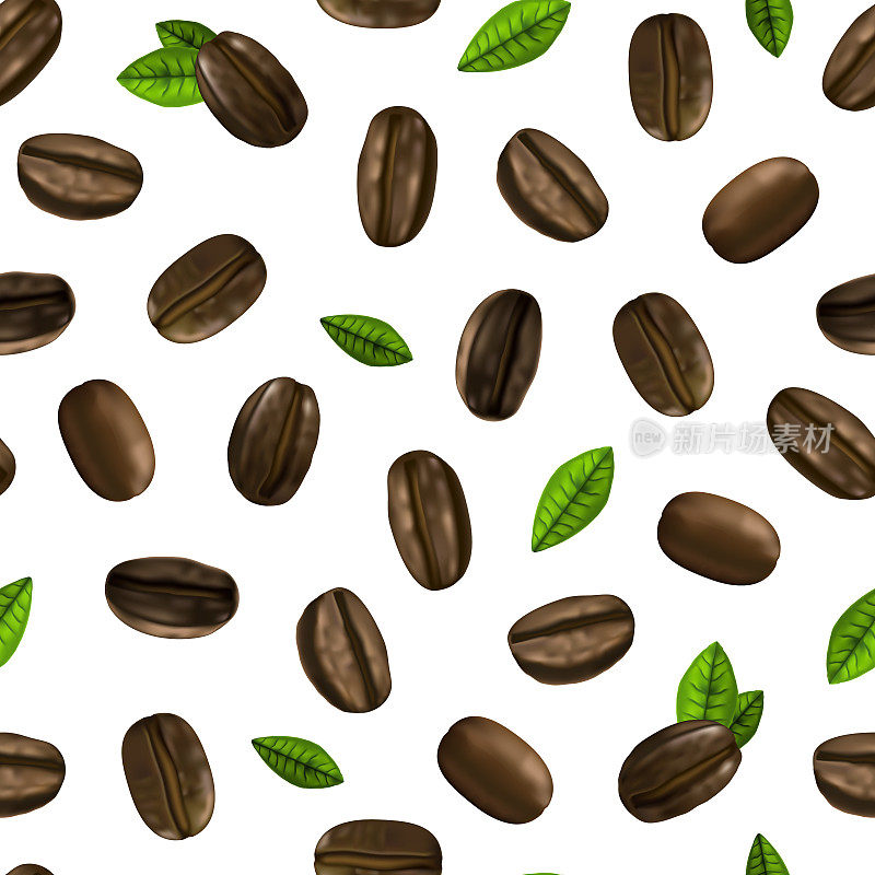 逼真的3d咖啡各种豆类无缝模式背景。向量