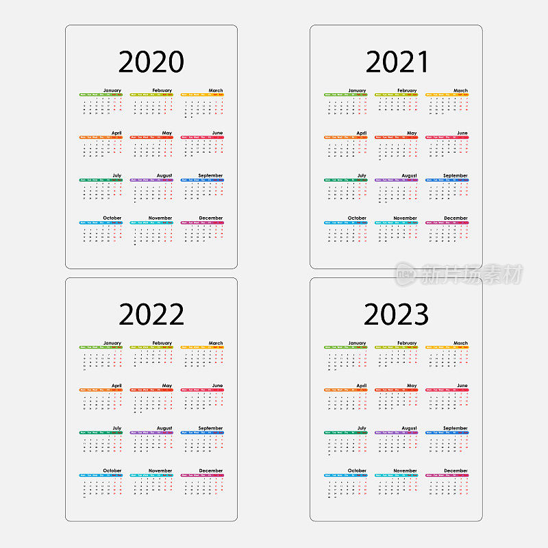 日历2020年，2021年，2022年和2023年日历模板。年历矢量设计文具模板。日历设计图标。矢量插图。