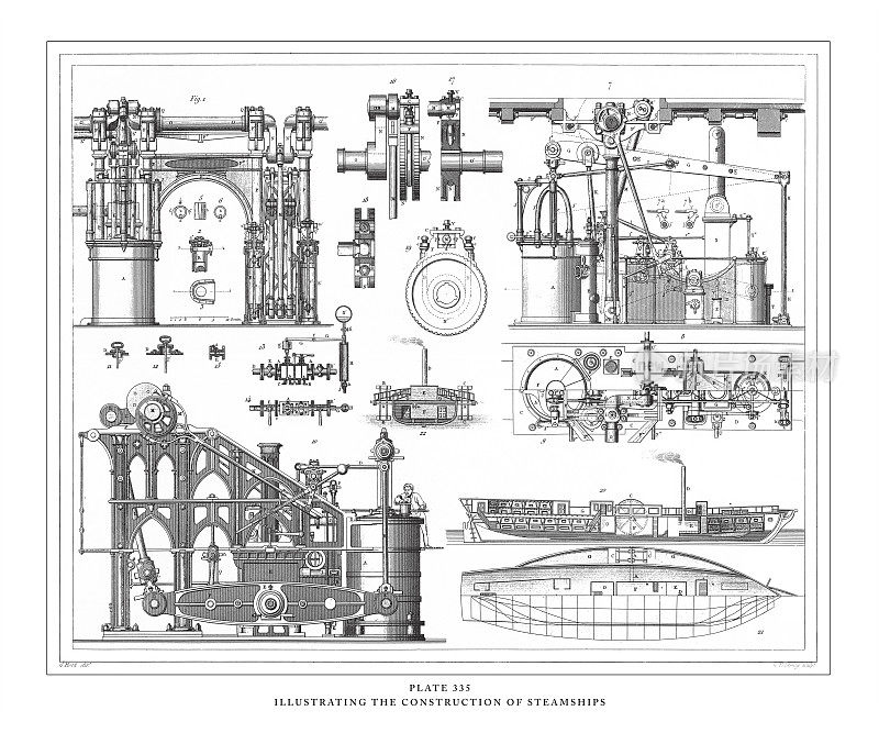 说明蒸汽船的构造雕刻古董插图，出版于1851年