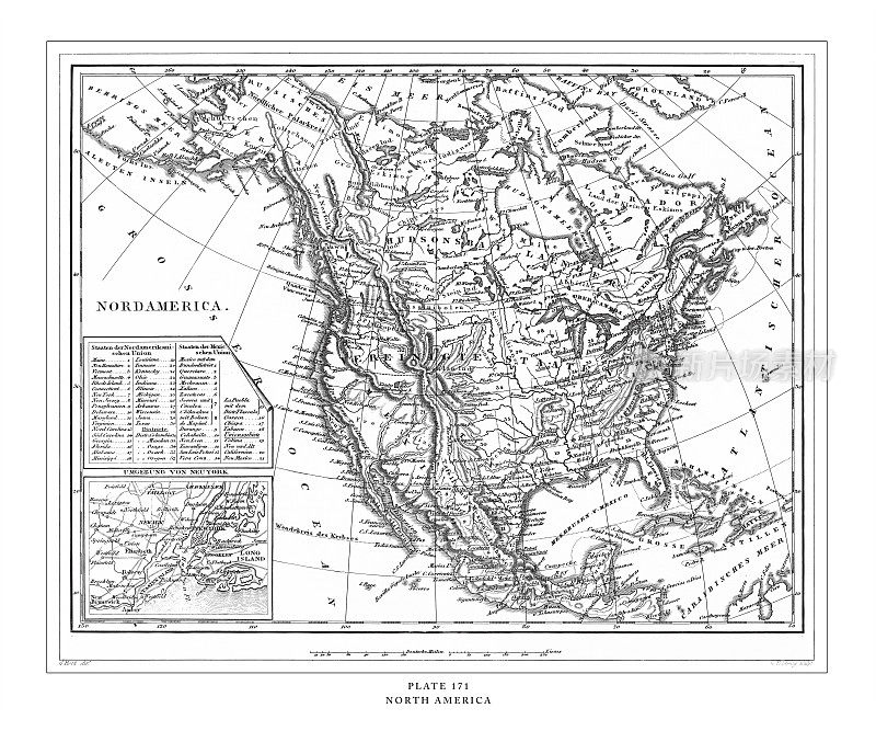 北美古董地图雕刻古董插图，1851年出版