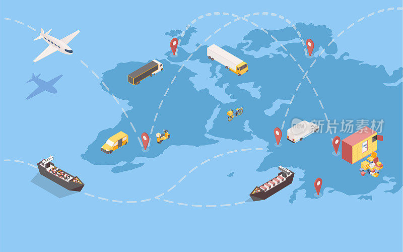 世界范围内货物装运等距图。提供国际贸易航线和各种运输方式的全球配送服务。物流公司跨大西洋货运