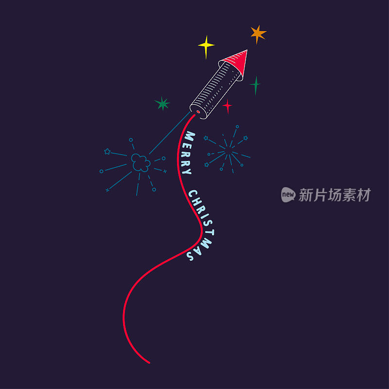 2020圣诞背景与火箭烟花和彩色闪烁的星星，线艺术作品