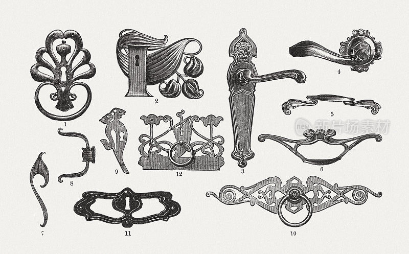 门把手和家具配件，新艺术时期，木刻，1900年