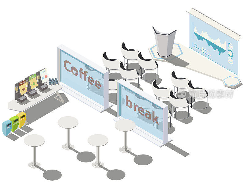 矢量等距，三维会议，会议室。商务培训或课程概念与论坛，场景，信息图表屏幕上的咖啡休息区。可以用于网页横幅。孤立在白色背景上。