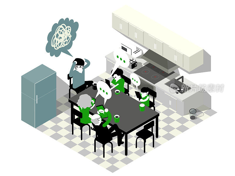 等距图矢量图形设计家庭在餐桌上使用智能手机用餐时，沉迷于智能手机的等距图形设计理念