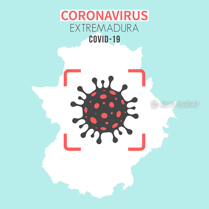 埃斯特雷马杜拉地图，红色取景器显示冠状病毒(COVID-19)