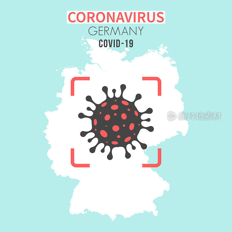 德国地图，红色取景器中有冠状病毒细胞(COVID-19)