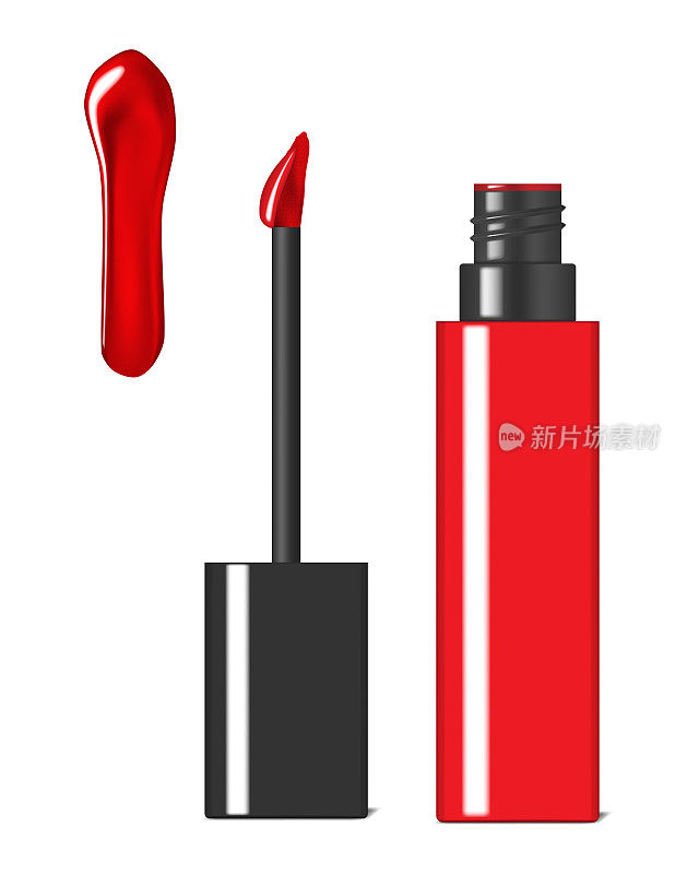 红色唇彩或液体口红包装与涂抹孤立在白色背景，矢量插图