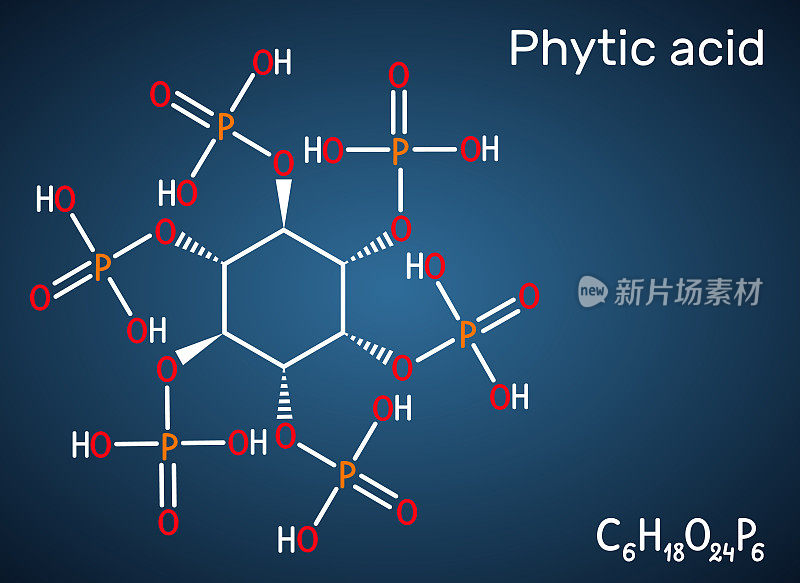 植酸，植酸，植酸，植酸，肌醇六磷酸分子。具有铁螯合剂、抗肿瘤药物、辅助因子等作用。深蓝色的背景
