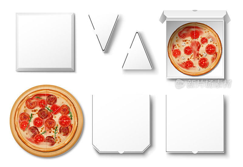 真实的空白白披萨纸板盒模型孤立。空和与比萨饼片盒模板为您的设计。包装纸板套，俯视图。矢量图