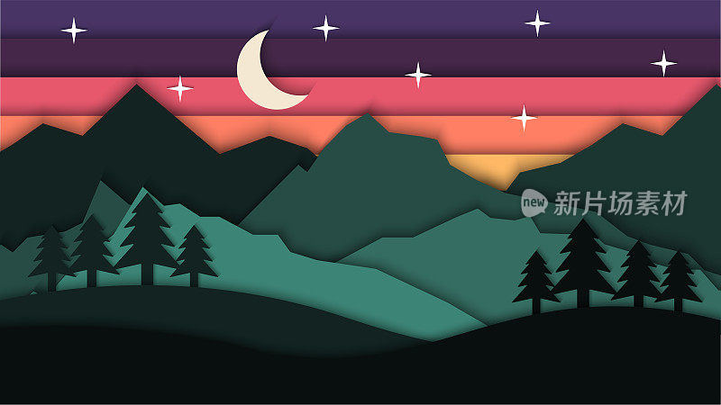 美丽夜景山纸艺术风格以云为背景矢量插画，山水图案