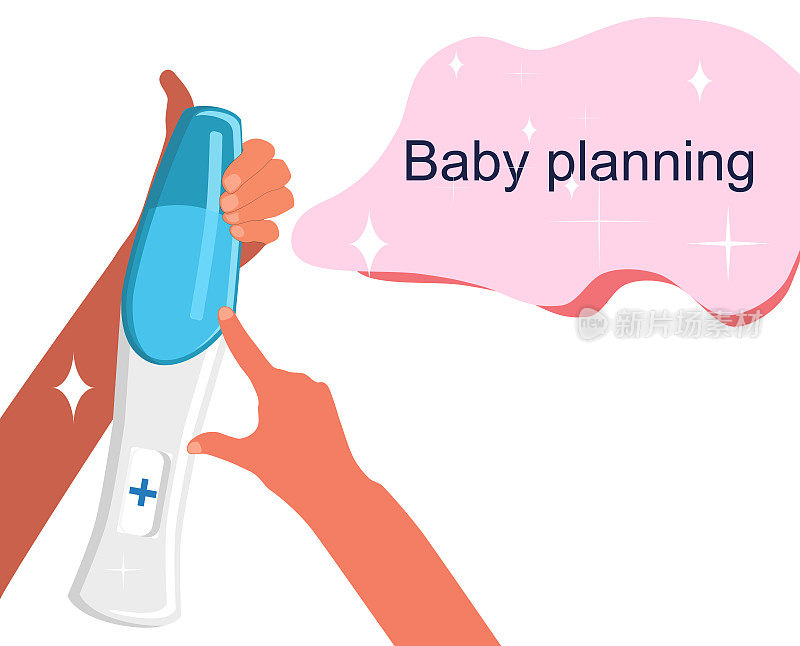 验孕试纸显示阳性结果。计划生育和女性健康说明。生殖和母性概念为产科、妇科。