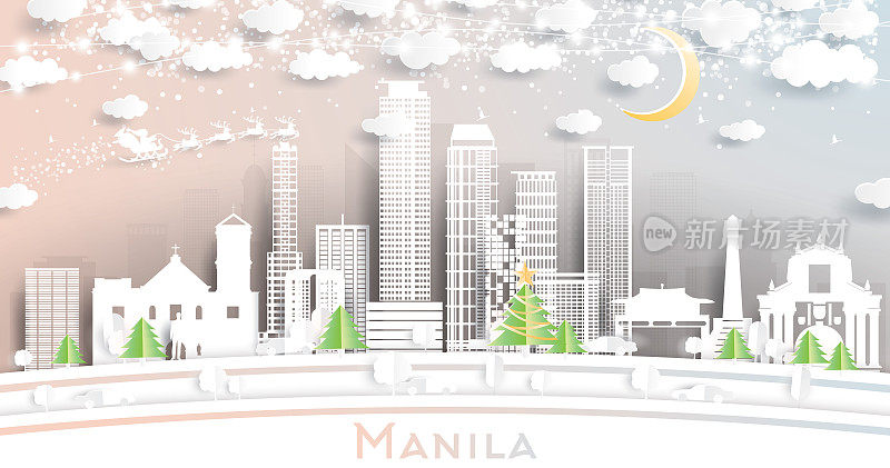 马尼拉菲律宾城市天际线剪纸风格的雪花，月亮和霓虹灯花环。