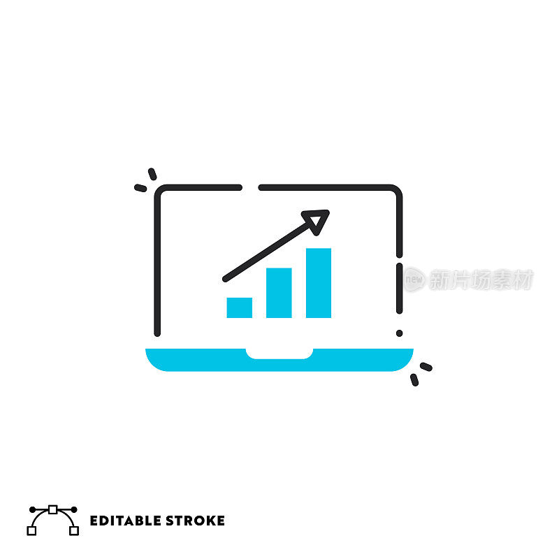 在笔记本电脑屏幕上的条形图与可编辑的笔触平面线性图标