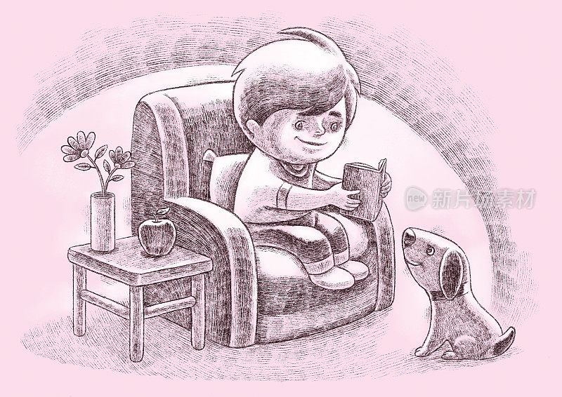 小男孩坐在扶手椅上看书