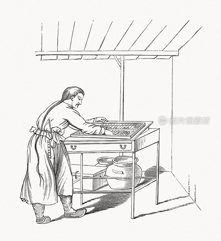 一位中国商人在他的加法机上，木刻，1893年出版