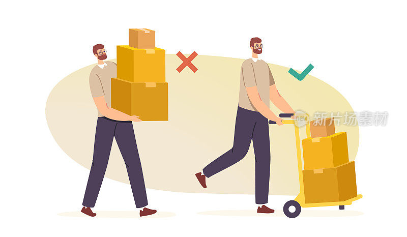 重型货物手工搬运的对错。男性角色用正确和不正确的方式搬运纸箱